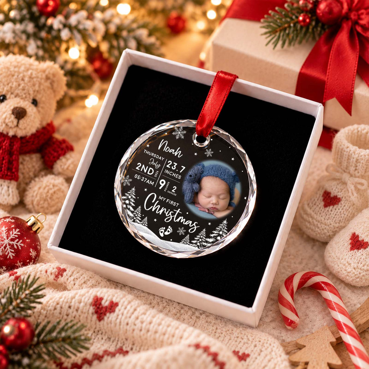 Personalized Baby First Christmas Ornament – Custom Baby Photo & Birth Details LED Keepsake Gift