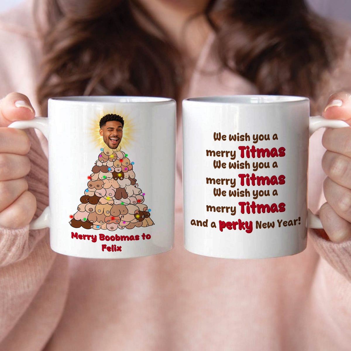 Mug de Noël en céramique personnalisé, visage et texte personnalisés, cadeau amusant pour les fêtes