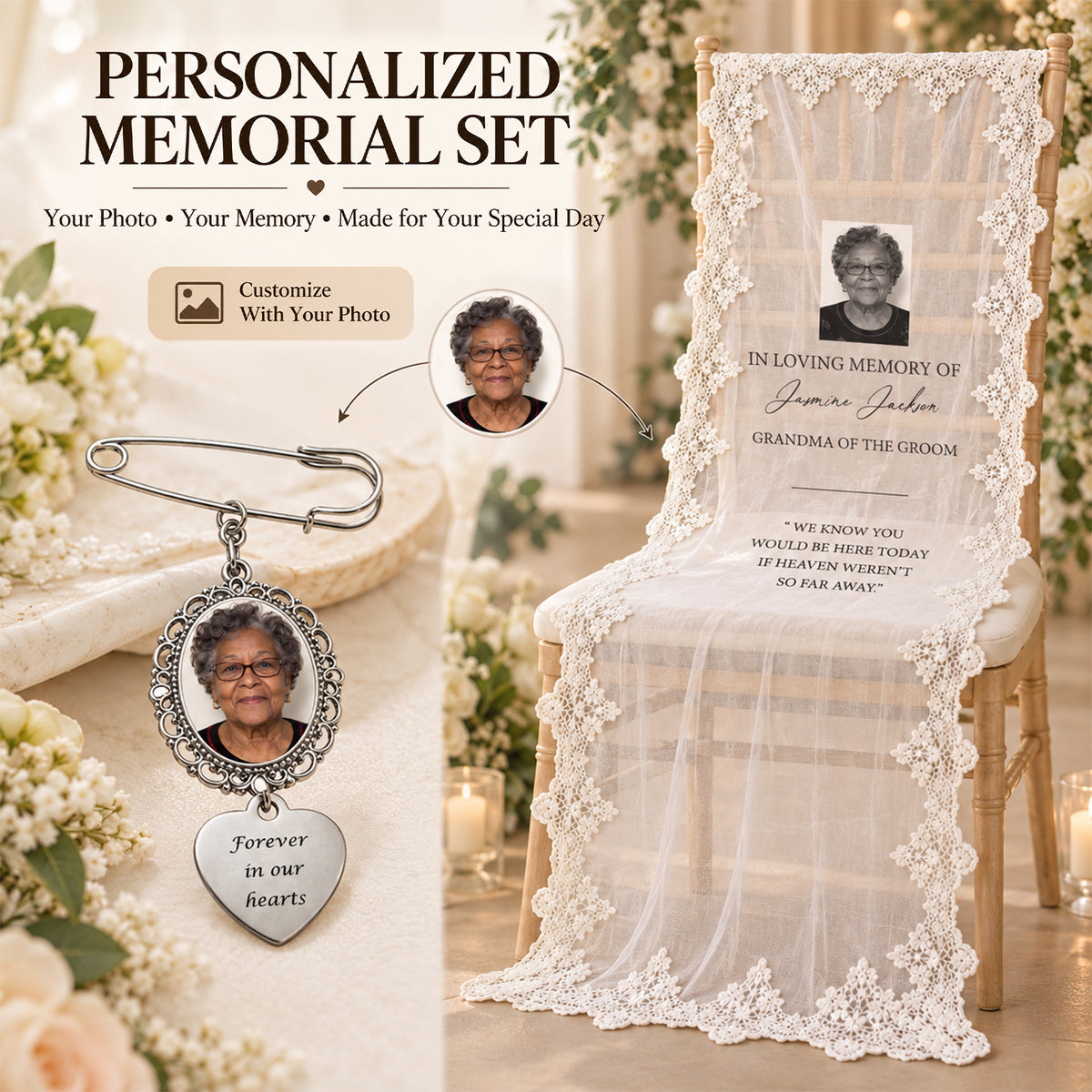 Personalized Wedding Memorial Decor, Custom Photo Pin & Lace Yarn Hanging