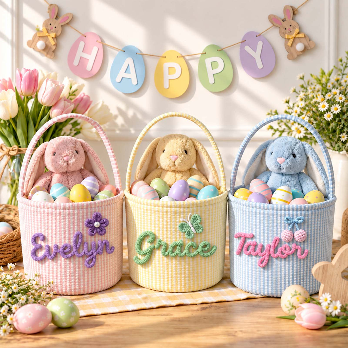 Personalized Woven Easter Basket, Custom Name Easter Basket for Kids