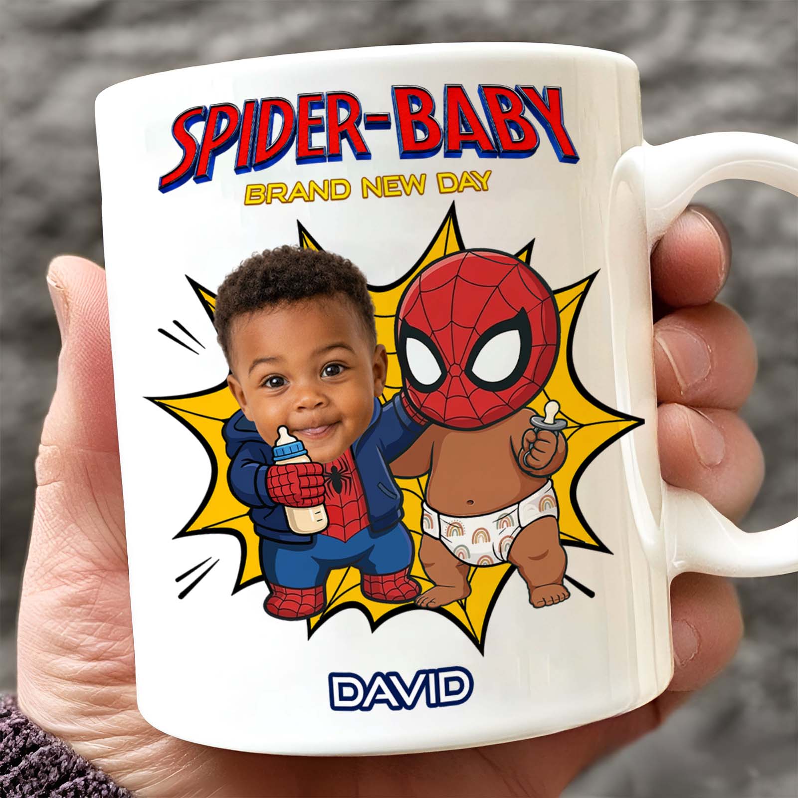 Personalized Spider Baby Mug – Custom Baby Face Superhero Coffee Mug, Funny Baby Keepsake Gift