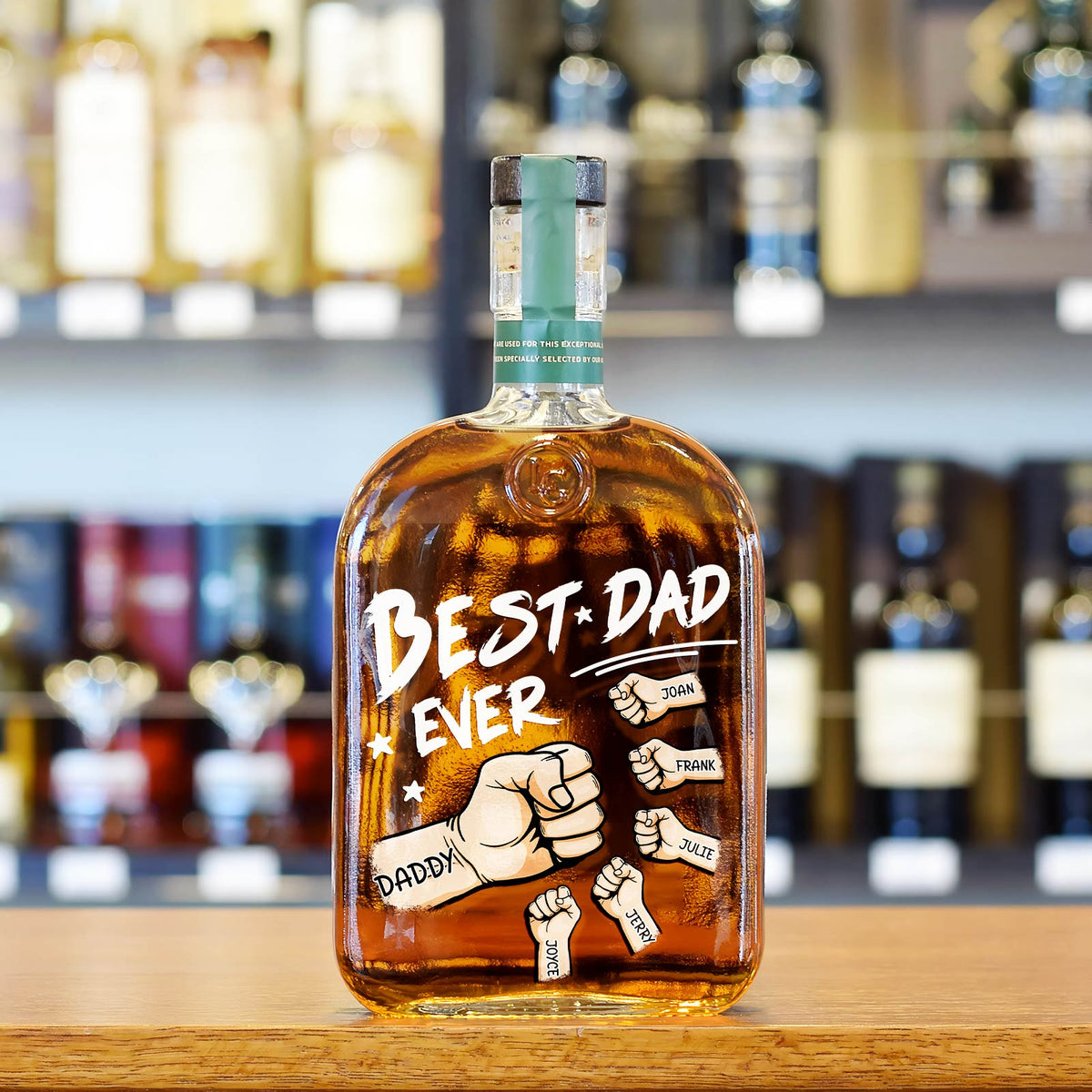 Personalized Fist Bump “Best Dad Ever” Whiskey Bottle – Custom Kids Names