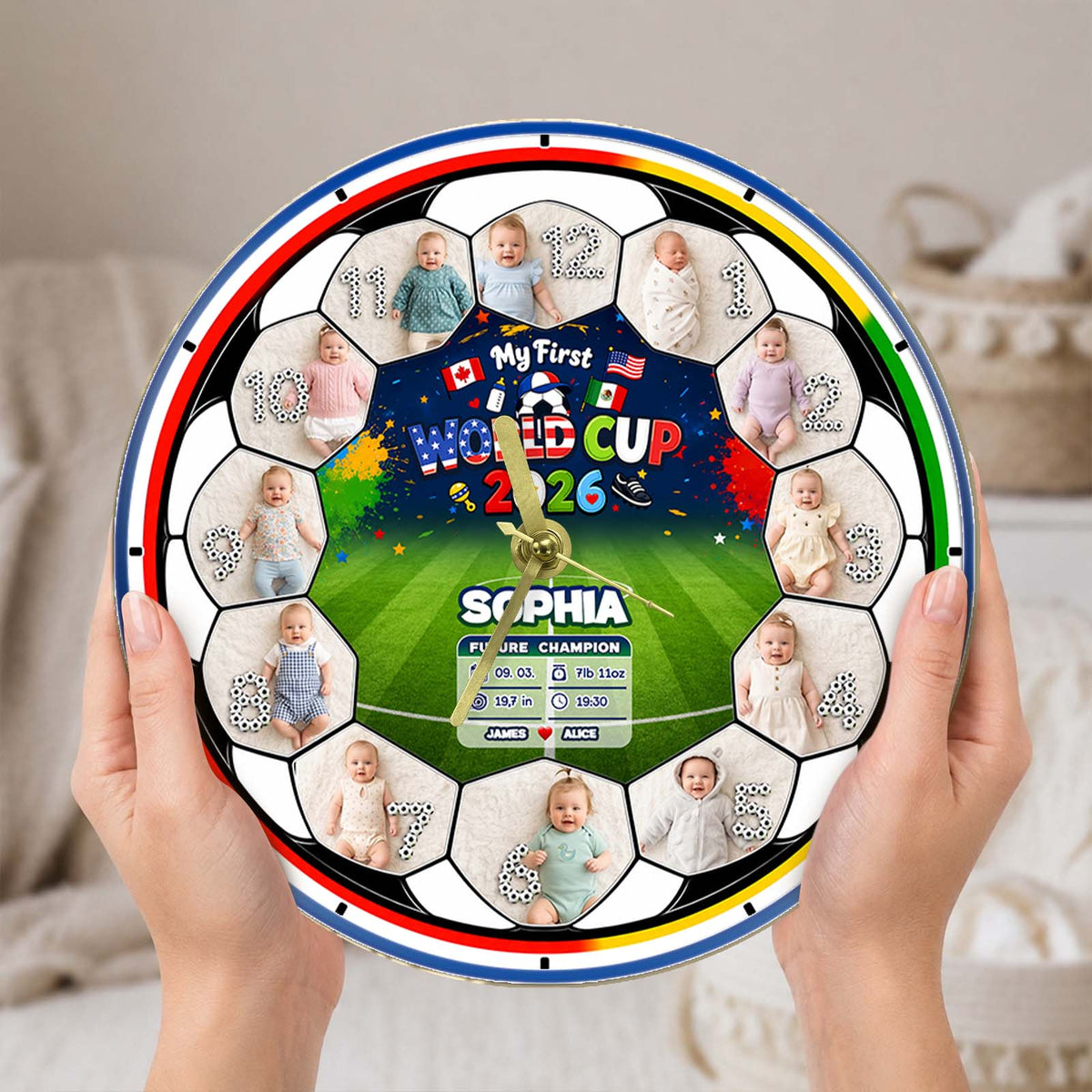 My First World Cup 2026 Baby Clock – Personalized First Year Milestone Keepsake, Custom Baby Photo Soccer Nursery Decor