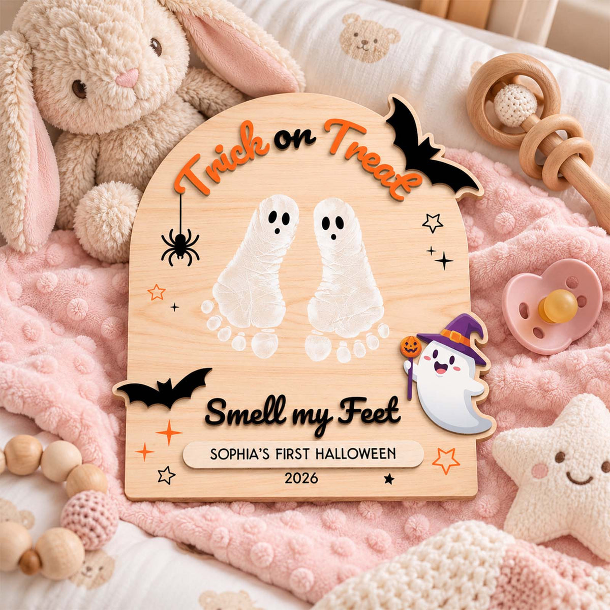 Personalized First Halloween Keepsake Wooden Sign, Custom Baby Halloween Footprint Decor