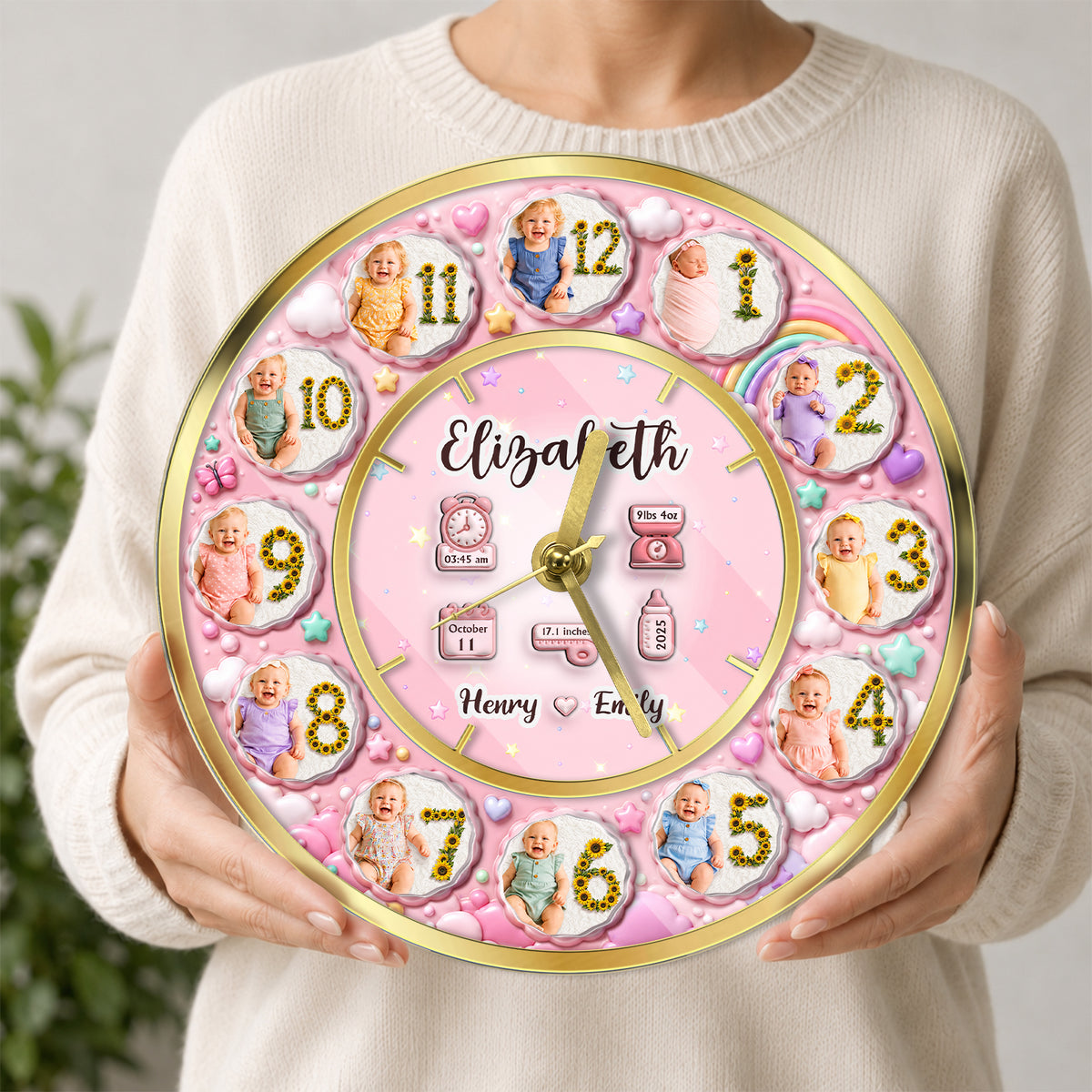 Personalized Baby Milestone Clock – Custom Number, Baby Photos & Birth Details Keepsake