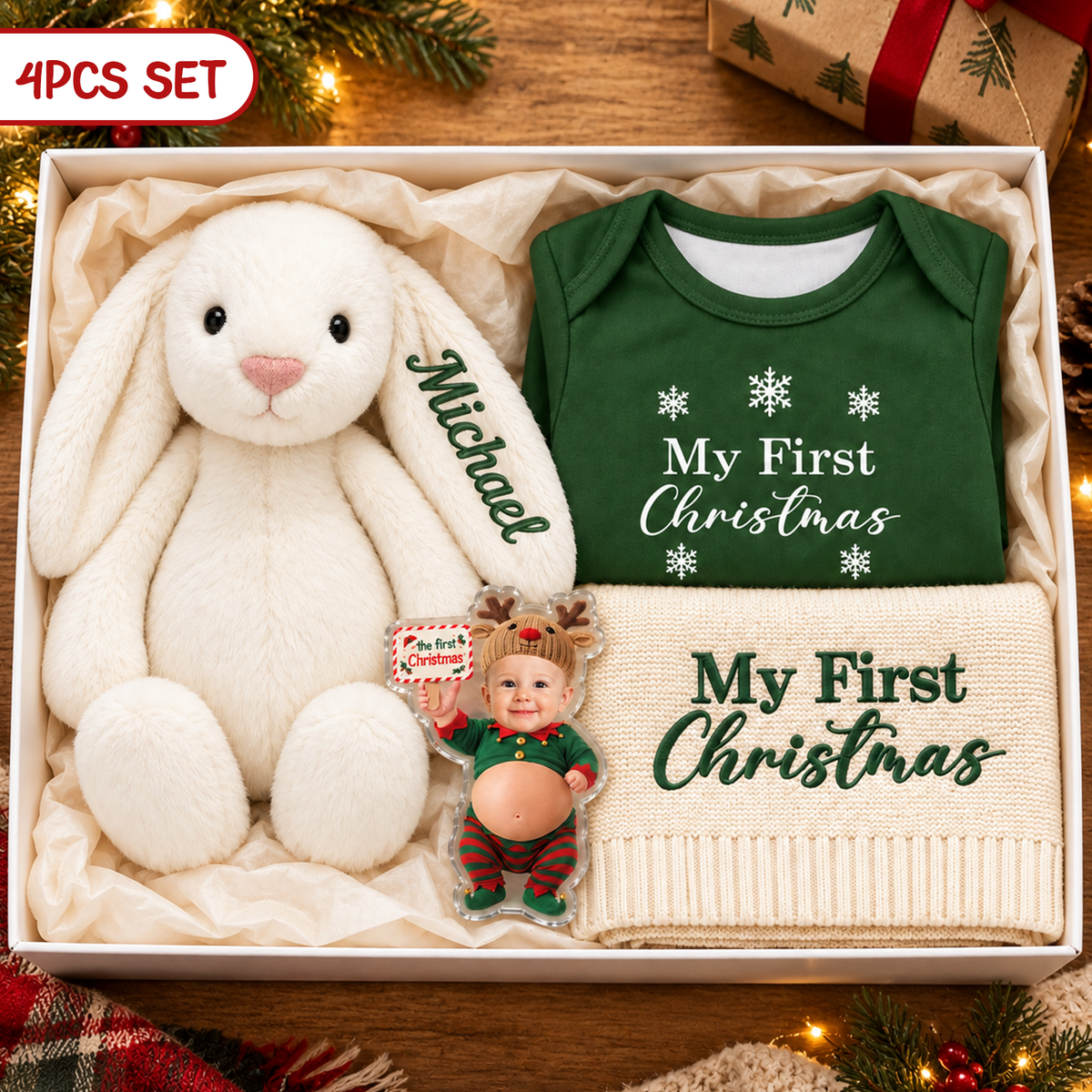 Coffret cadeau personnalisé pour le premier Noël de bébé, body de Noël personnalisé, couverture lapin et souvenir
