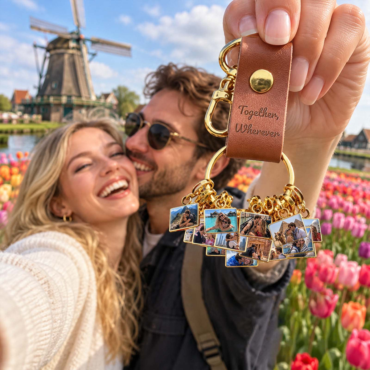 Personalized Travel Souvenir Keychain, Custom Photo Memory Keychain with Leather Strap