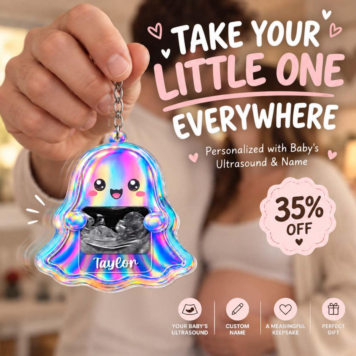 Cute Holographic Ghost Sonogram Shaker Keychain - Custom Baby Ultrasound Announcement Keepsake