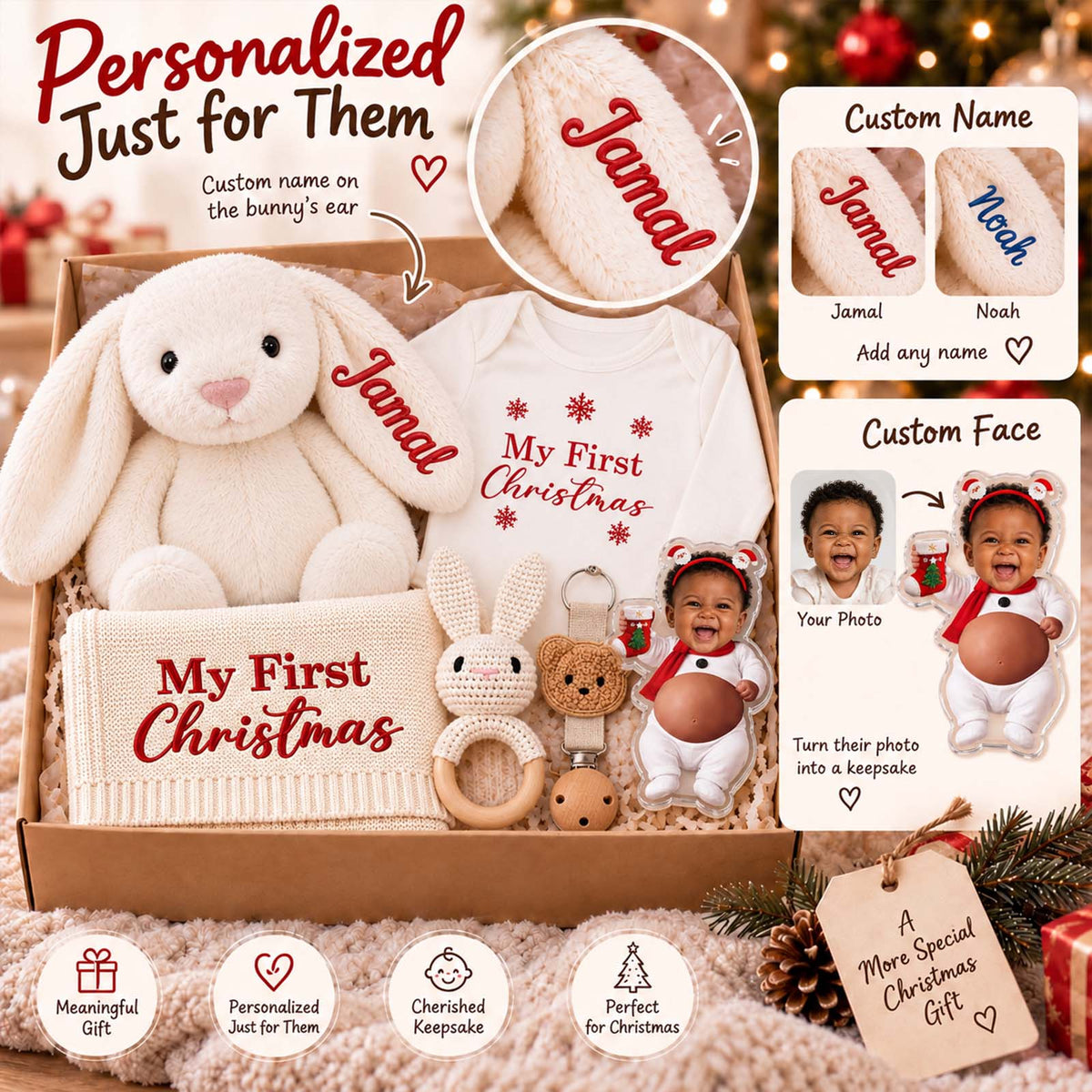 Personalized Baby’s First Christmas Gift Set, Custom Christmas Bodysuit, Bunny & Keepsake Blanket