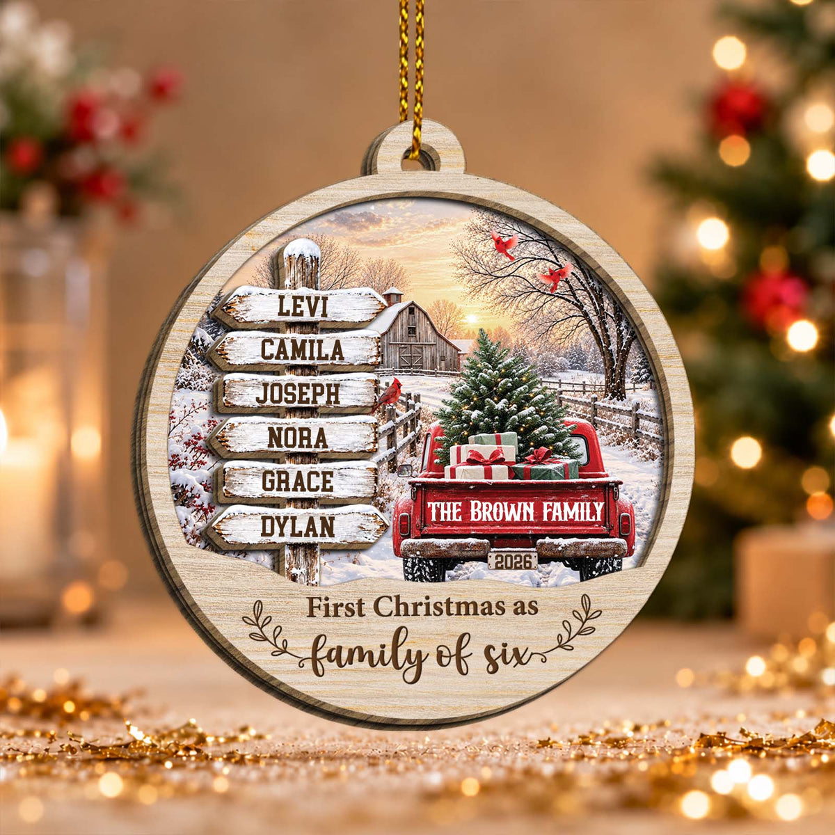Personalized Family Names Christmas Ornament – Custom Family Name & Member Names, Rustic Wooden Holiday Keepsake