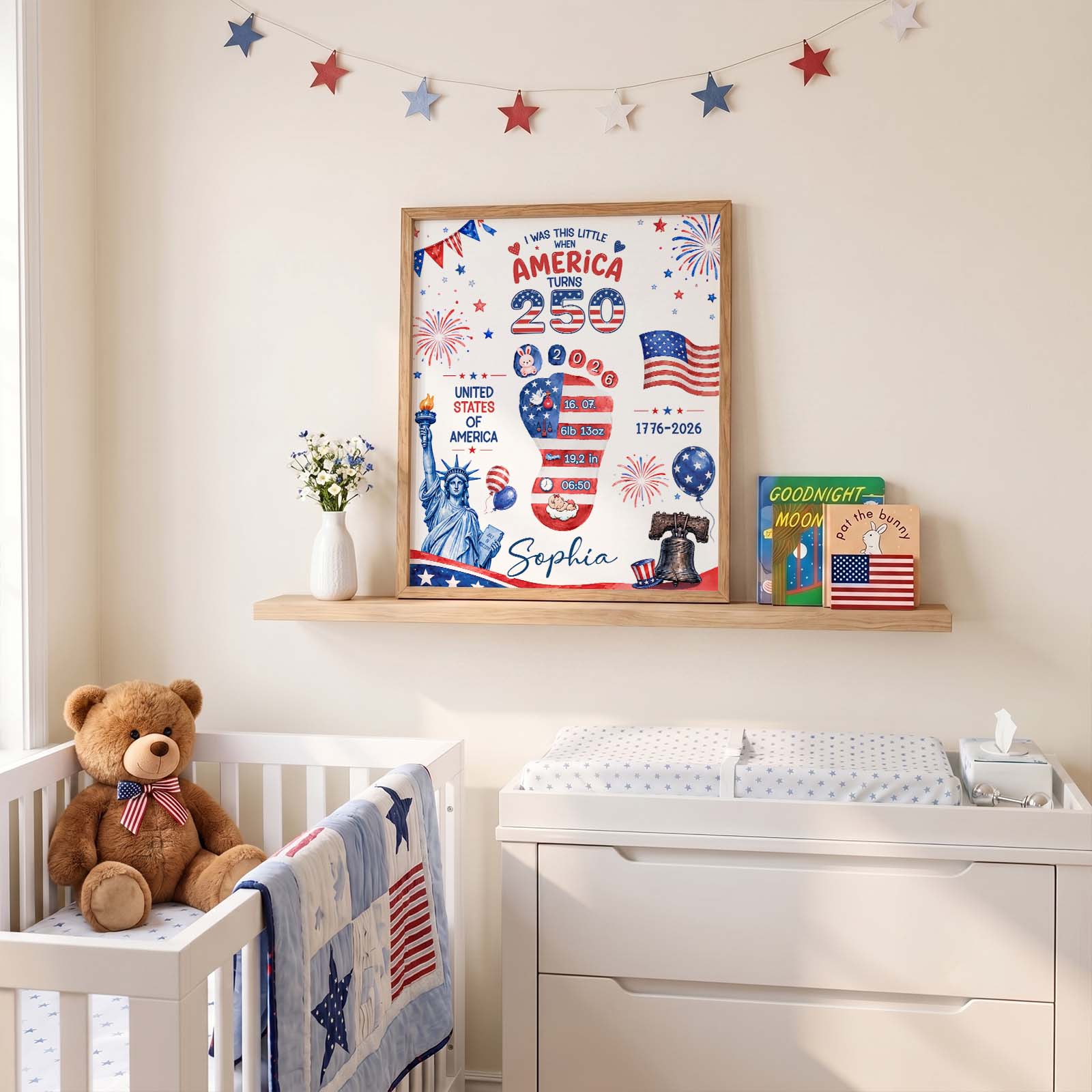 Personalized Baby Footprint Art – America 250 Anniversary Edition, Custom Birth Stats Nursery Decor