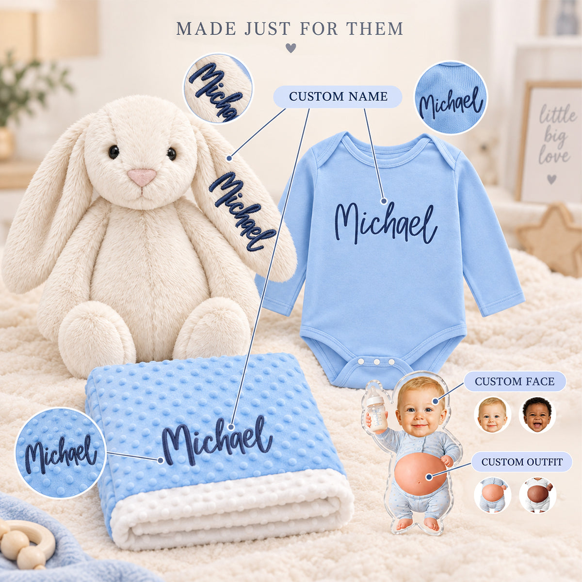 Personalized Newborn Gift Set, Custom Baby Bodysuit, Blanket & Plush Rabbit