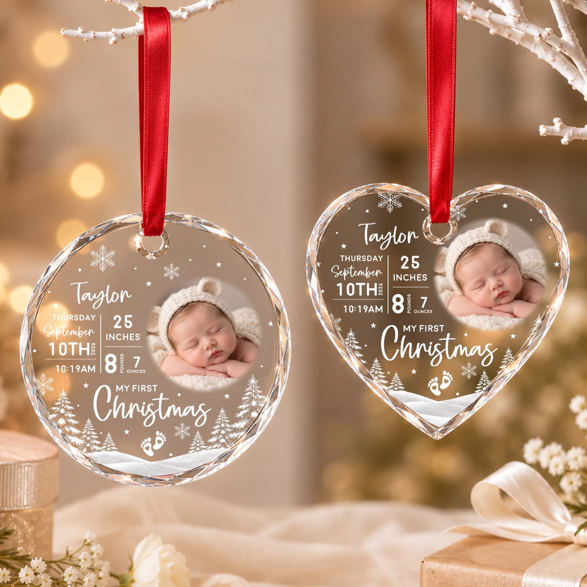 Personalized Baby First Christmas Ornament – Custom Baby Photo & Birth Details LED Keepsake Gift