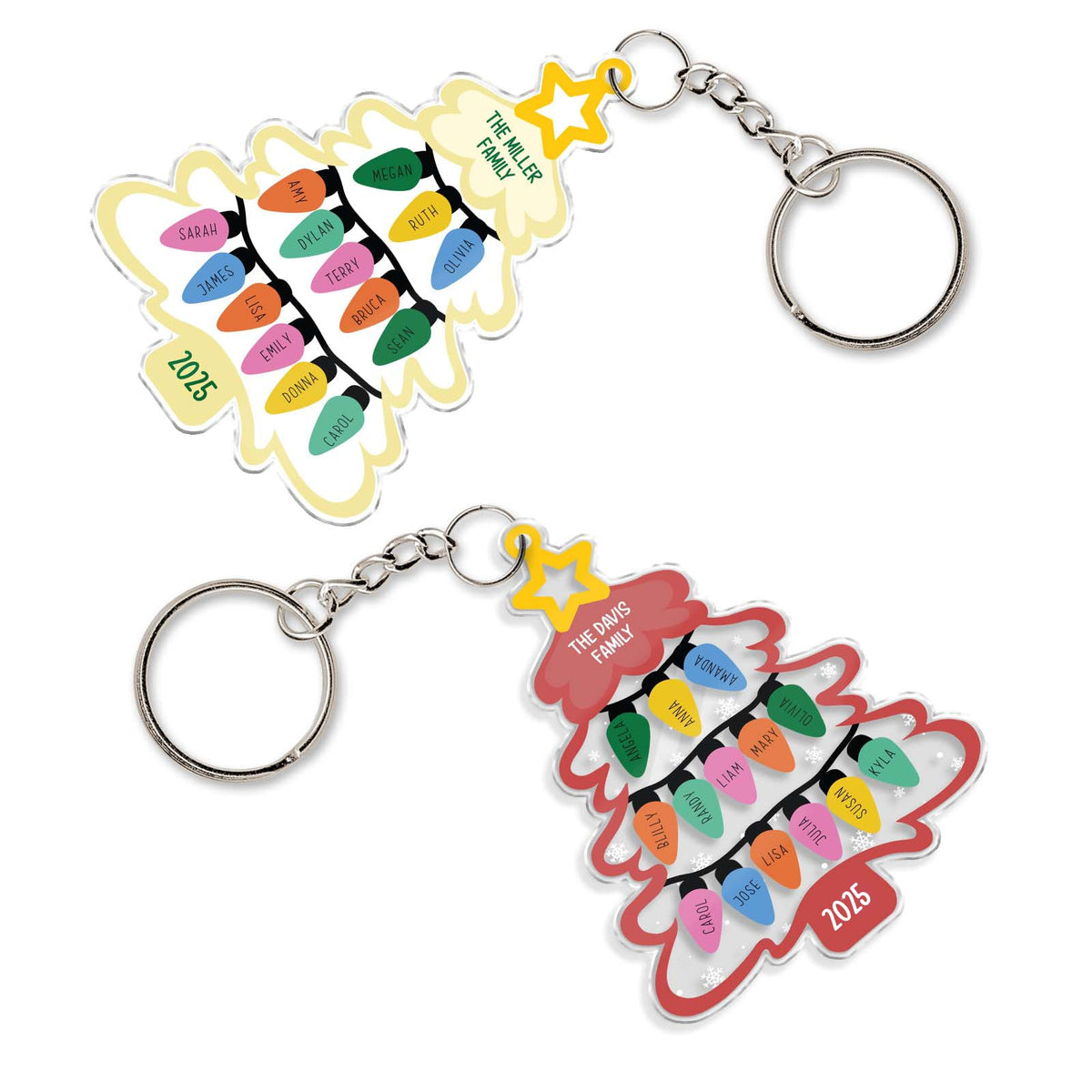Personalized Christmas keychain in tree shape featuring colorful lights and custom names, perfect for holiday gifts