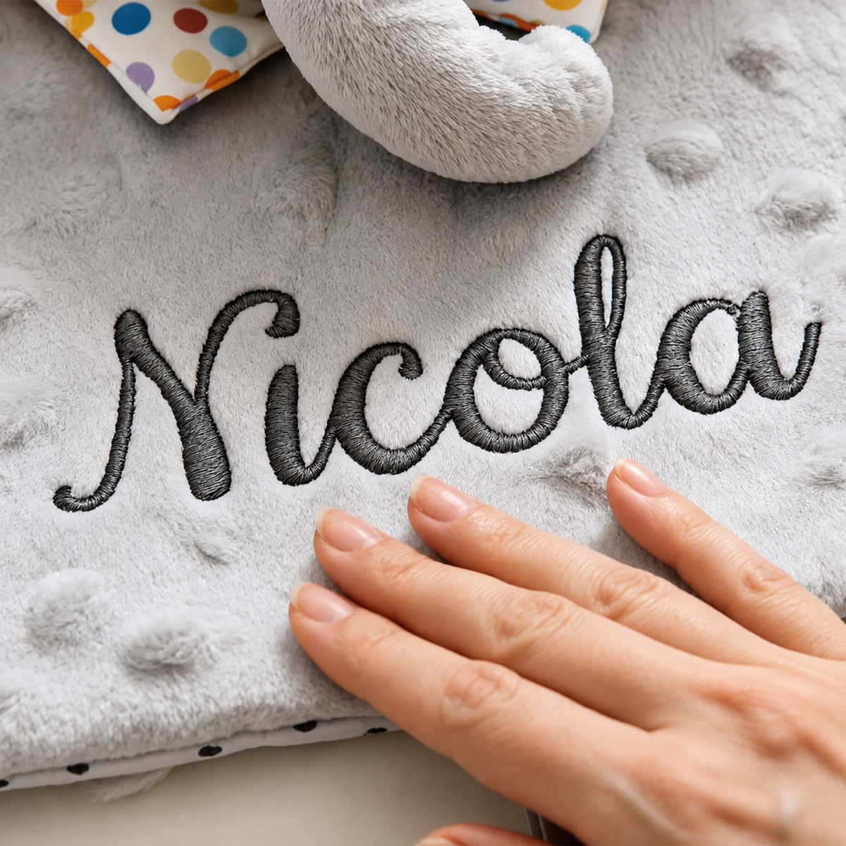 Personalized Minky Dot Lovey Blanket, Embroidered Name, Crinkle Sensory Security Toy