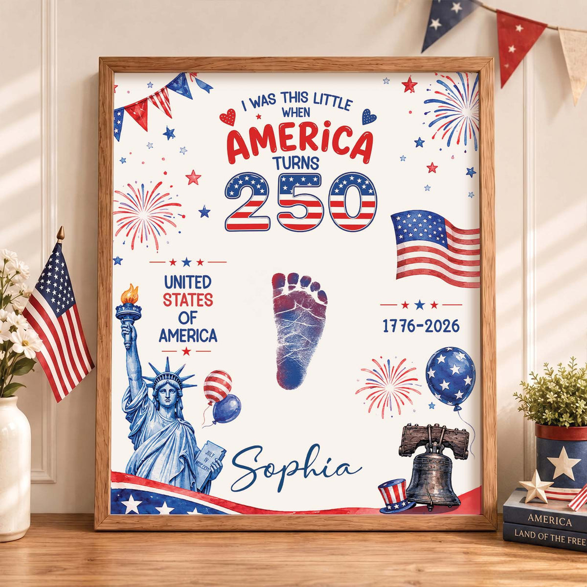 DIY Baby Footprint Art – America 250 Anniversary Edition, Personalized Birth Details Keepsake, Nursery Decor Gift for Mom & Dad