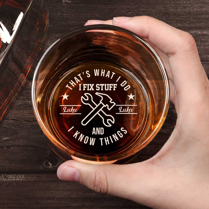 365Gifty Personalized Funny Whiskey Glass – Custom Name “I Fix Stuff” Drinking Glass