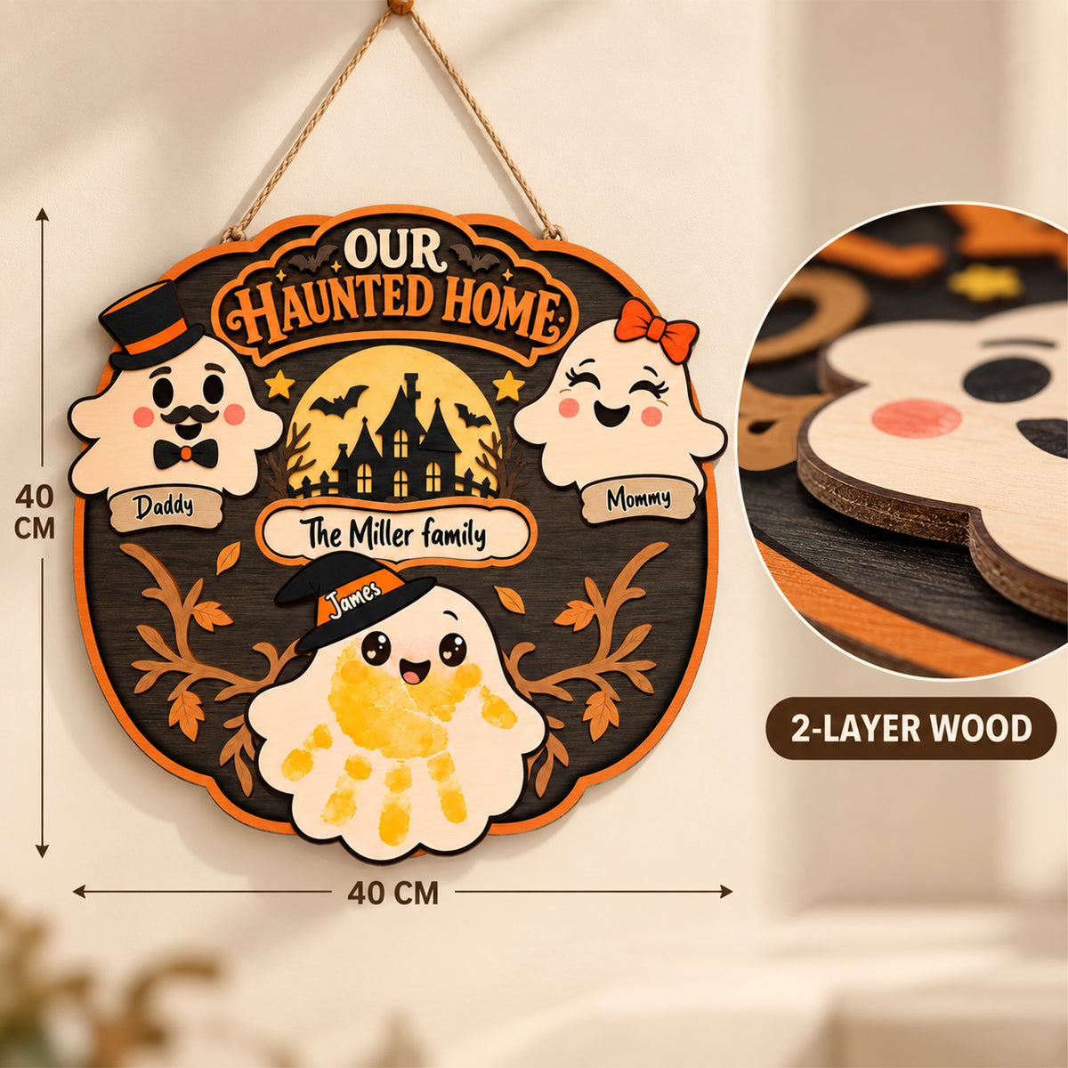 Personalized Halloween Family Handprint Wooden Wreath – Custom Family Names & Handprints, Halloween Door Decor