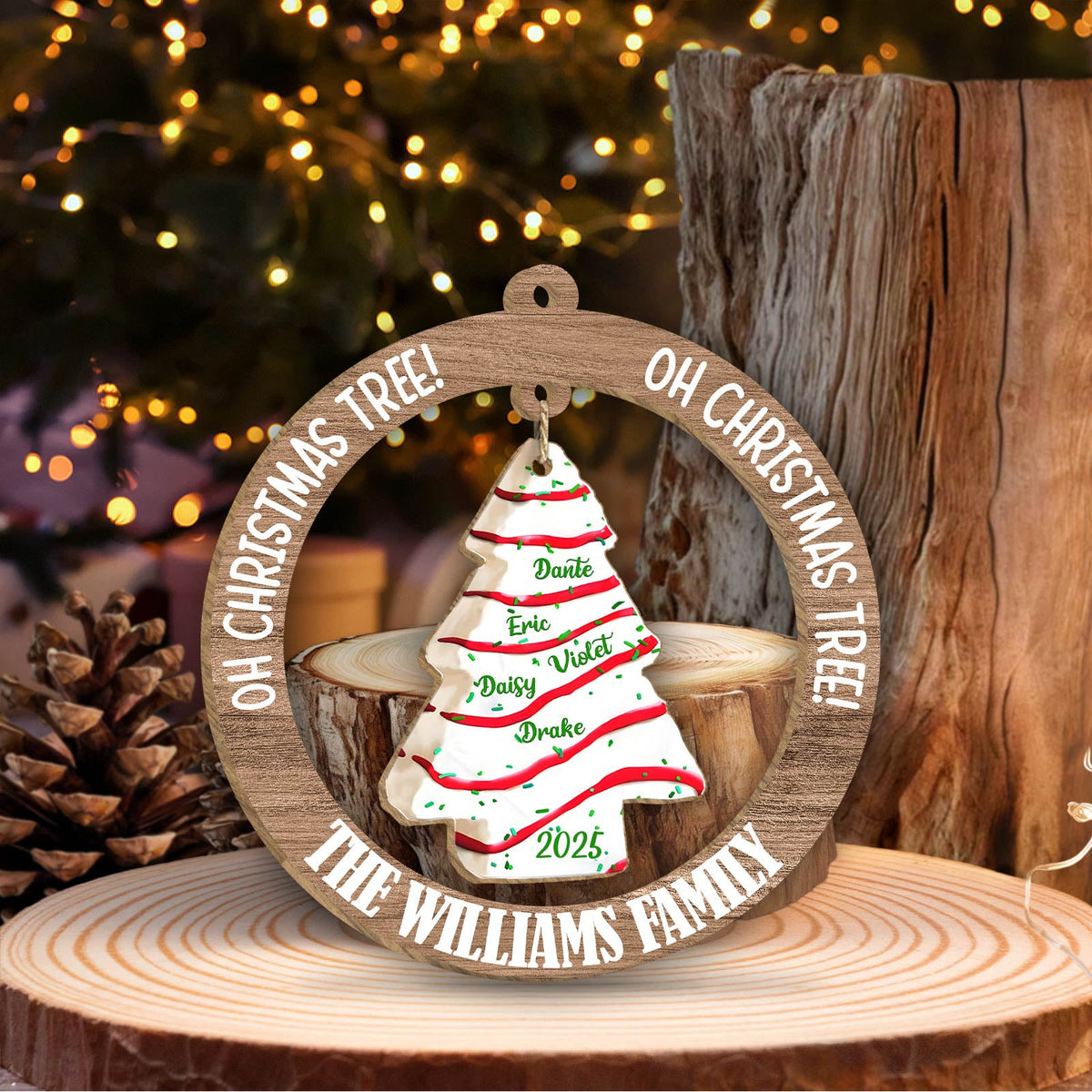Personalized family Christmas ornament featuring a tree design with family names and 2023 date