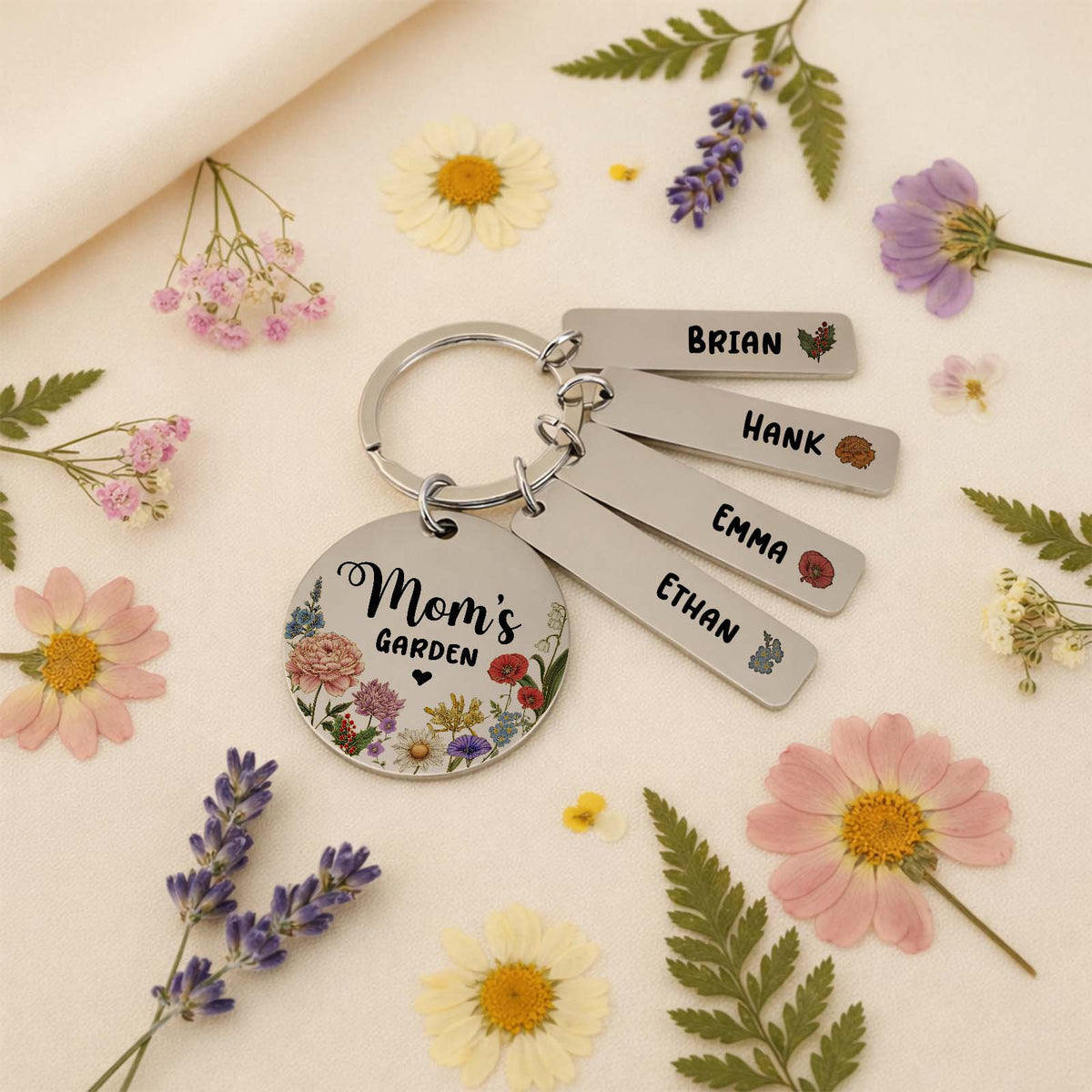 Personalized Mom’s Garden Stainless Steel Keychain – Custom Birth Flower Gift for Mom