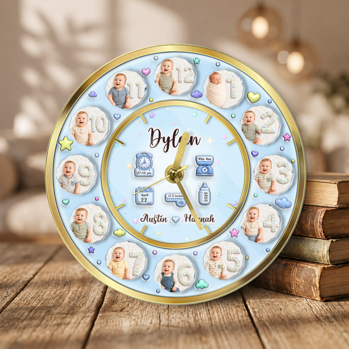 Personalized Baby Milestone Clock – Custom Number, Baby Photos & Birth Details Keepsake
