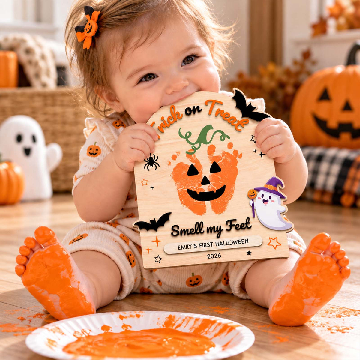 Personalized First Halloween Keepsake Wooden Sign, Custom Baby Halloween Footprint Decor