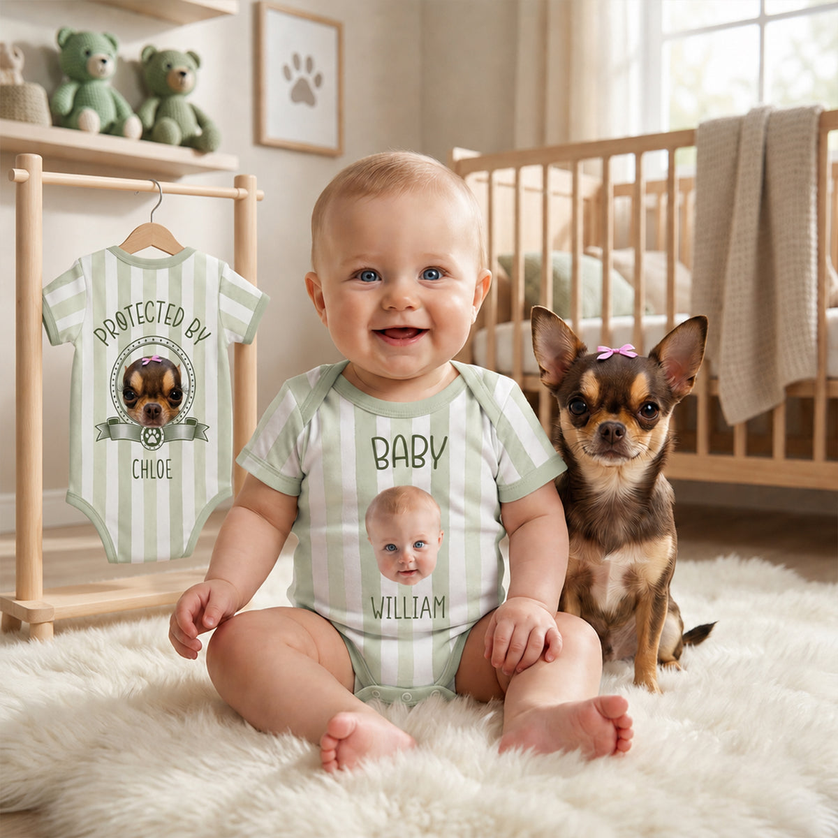 Personalized Striped Pet & Baby Bodysuit – Custom Baby & Pet Portrait, Family Baby Shower Gift