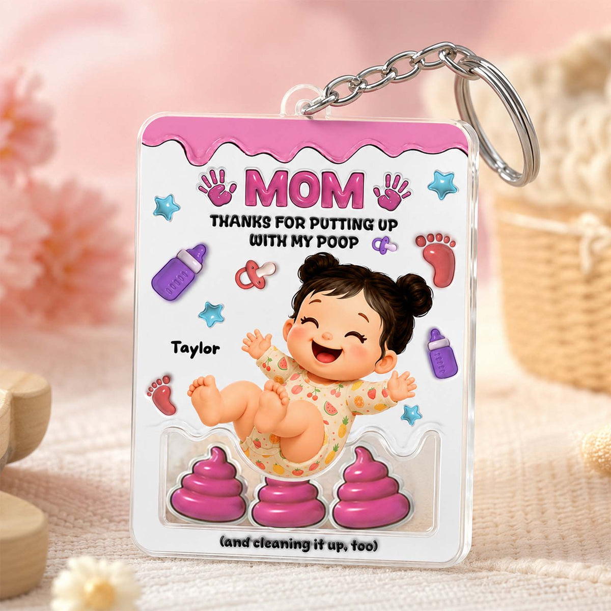 Personalized "Thanks for Putting Up With My Poop" Shaker Keychain – Custom Baby Gift for Mom & Dad