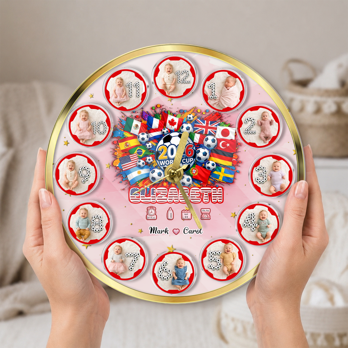 World Cup 2026 Baby Clock – Personalized First Year Milestone Keepsake, Soccer Baby Gift ⚽👶🕒