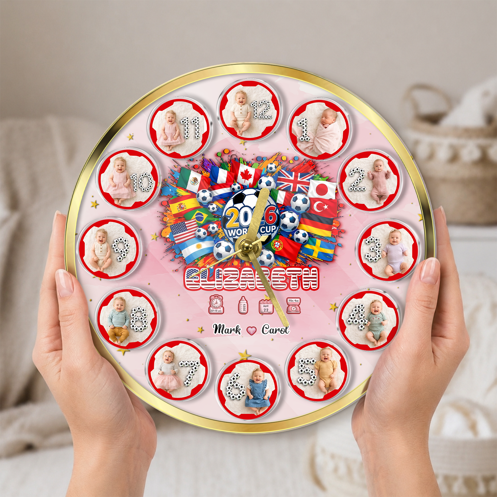 World Cup 2026 Baby Clock – Personalized First Year Milestone Keepsake, Soccer Baby Gift ⚽👶🕒