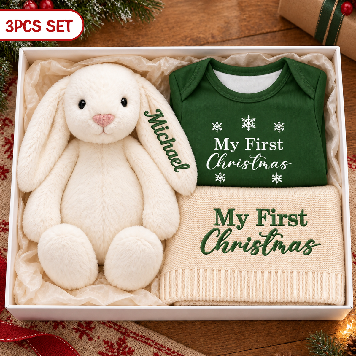 Coffret cadeau personnalisé pour le premier Noël de bébé, body de Noël personnalisé, couverture lapin et souvenir