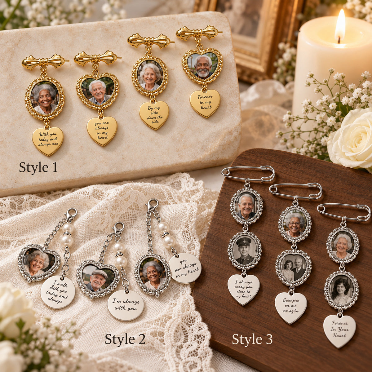 Personalized Wedding Memorial Decor, Custom Photo Pin & Lace Yarn Hanging