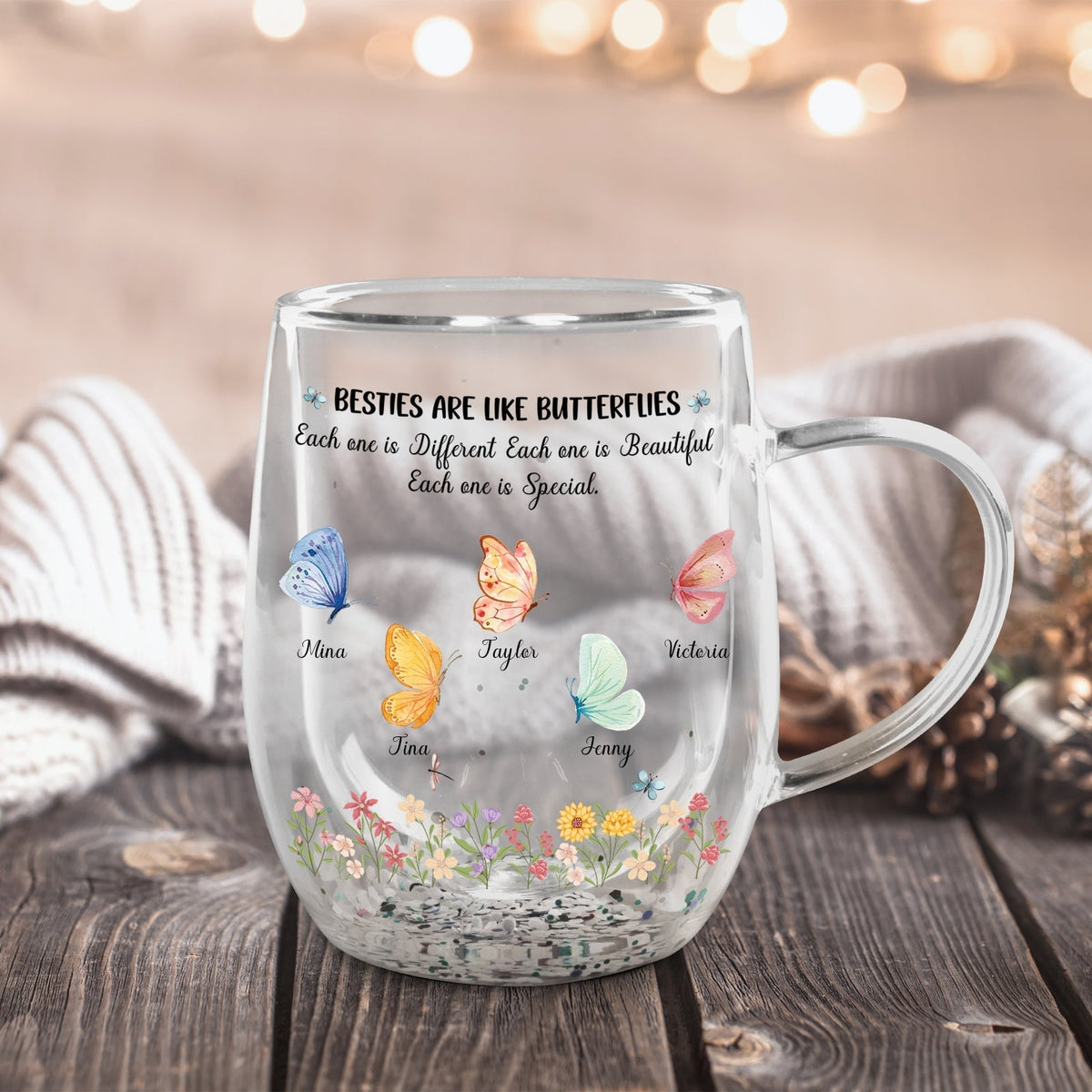 Besties - Sisters Are Like Butterflies - Personalized Flower Double Walled Glass