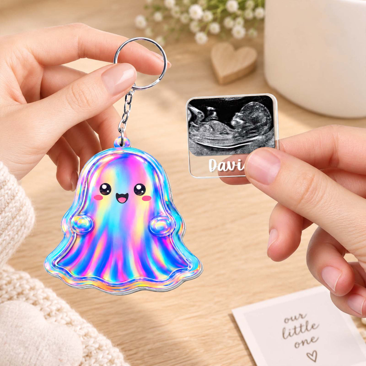 Cute Holographic Ghost Sonogram Shaker Keychain - Custom Baby Ultrasound Announcement Keepsake