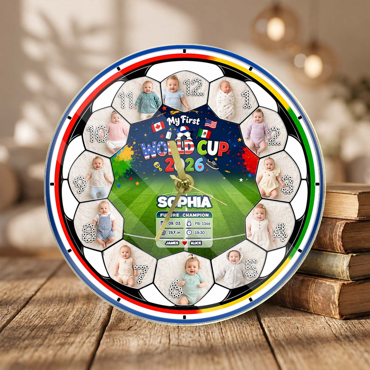 My First World Cup 2026 Baby Clock – Personalized First Year Milestone Keepsake, Custom Baby Photo Soccer Nursery Decor