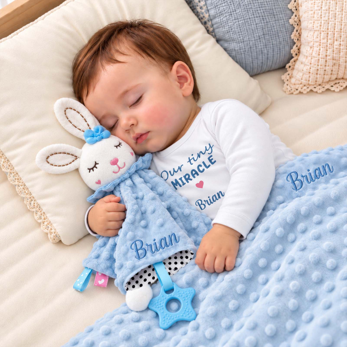 Personalized Baby Gift Set, Custom Baby Bodysuit, Bunny Lovey & Minky Blanket