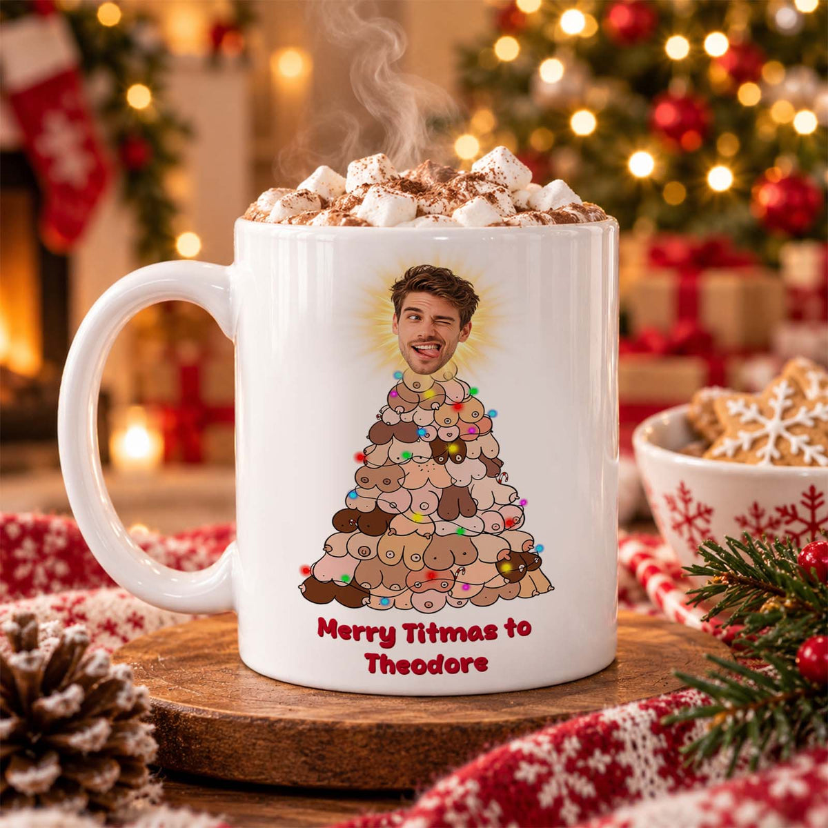 Mug de Noël en céramique personnalisé, visage et texte personnalisés, cadeau amusant pour les fêtes