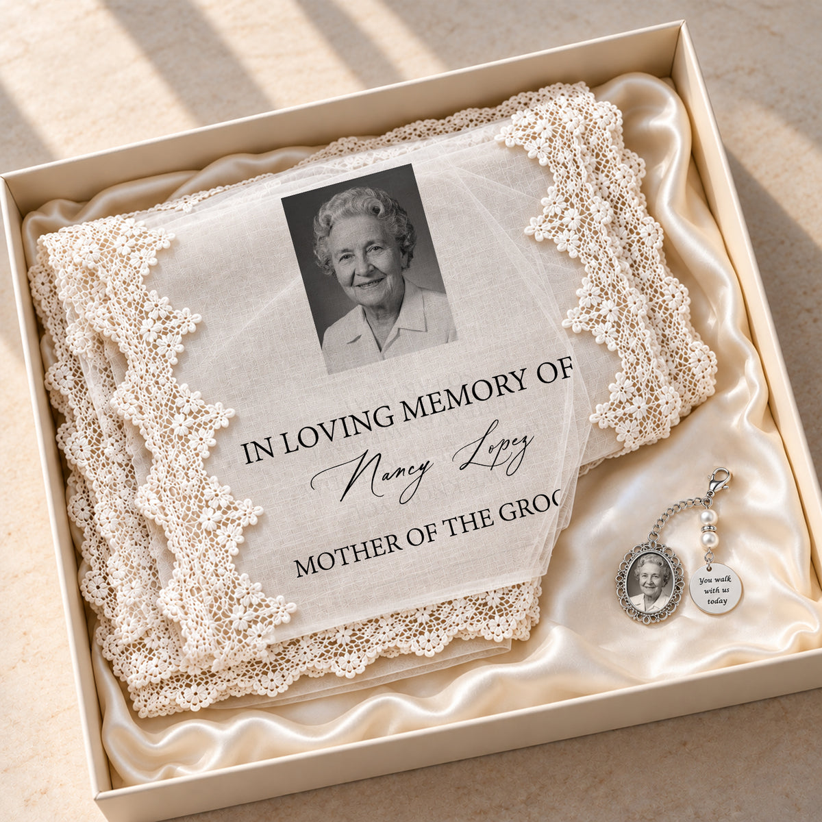Personalized Wedding Memorial Decor, Custom Photo Pin & Lace Yarn Hanging