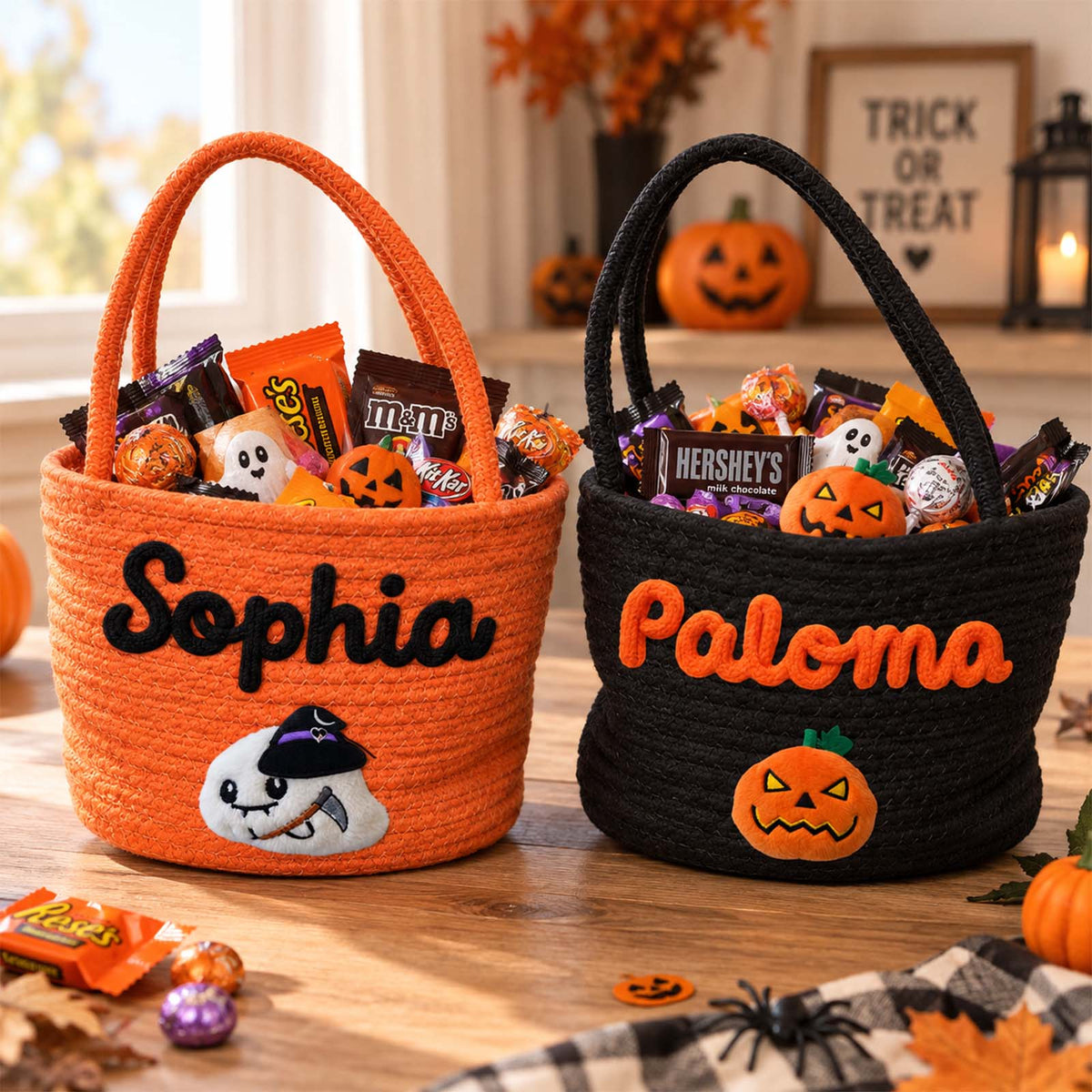 Personalized Handheld Round Basket, Custom Name Halloween Candy Basket
