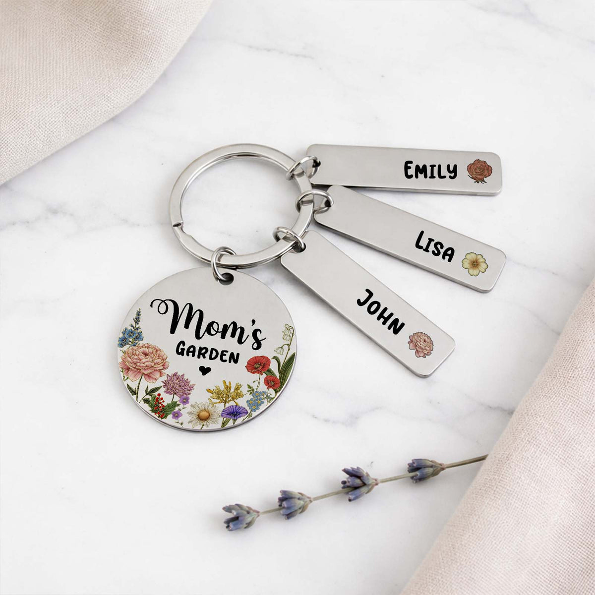 Personalized Mom’s Garden Stainless Steel Keychain – Custom Birth Flower Gift for Mom