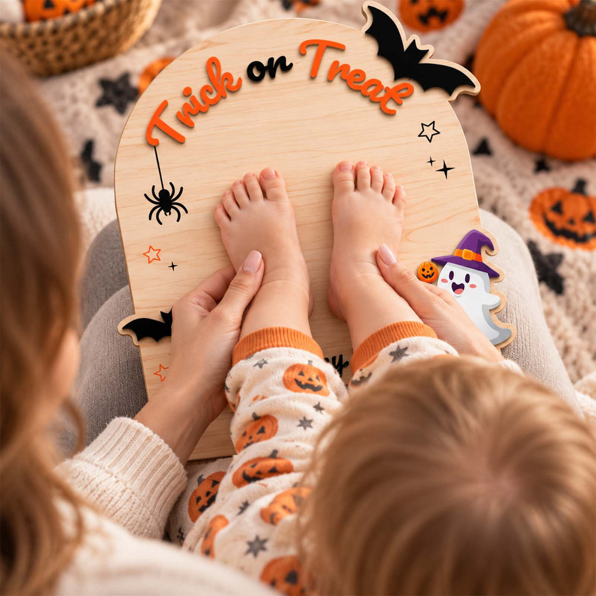 Personalized First Halloween Keepsake Wooden Sign, Custom Baby Halloween Footprint Decor