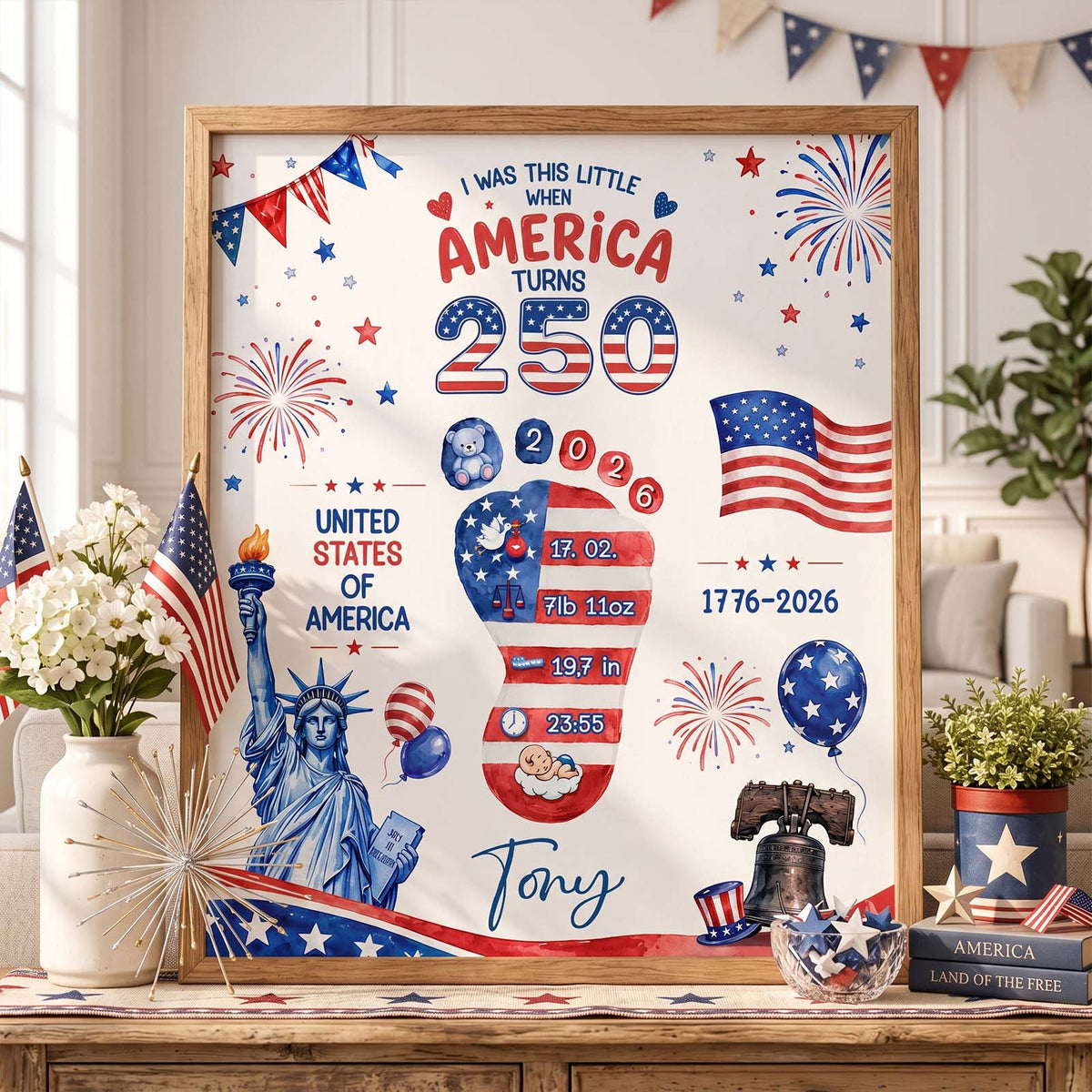 Personalized Baby Footprint Art – America 250 Anniversary Edition, Custom Birth Stats Nursery Decor