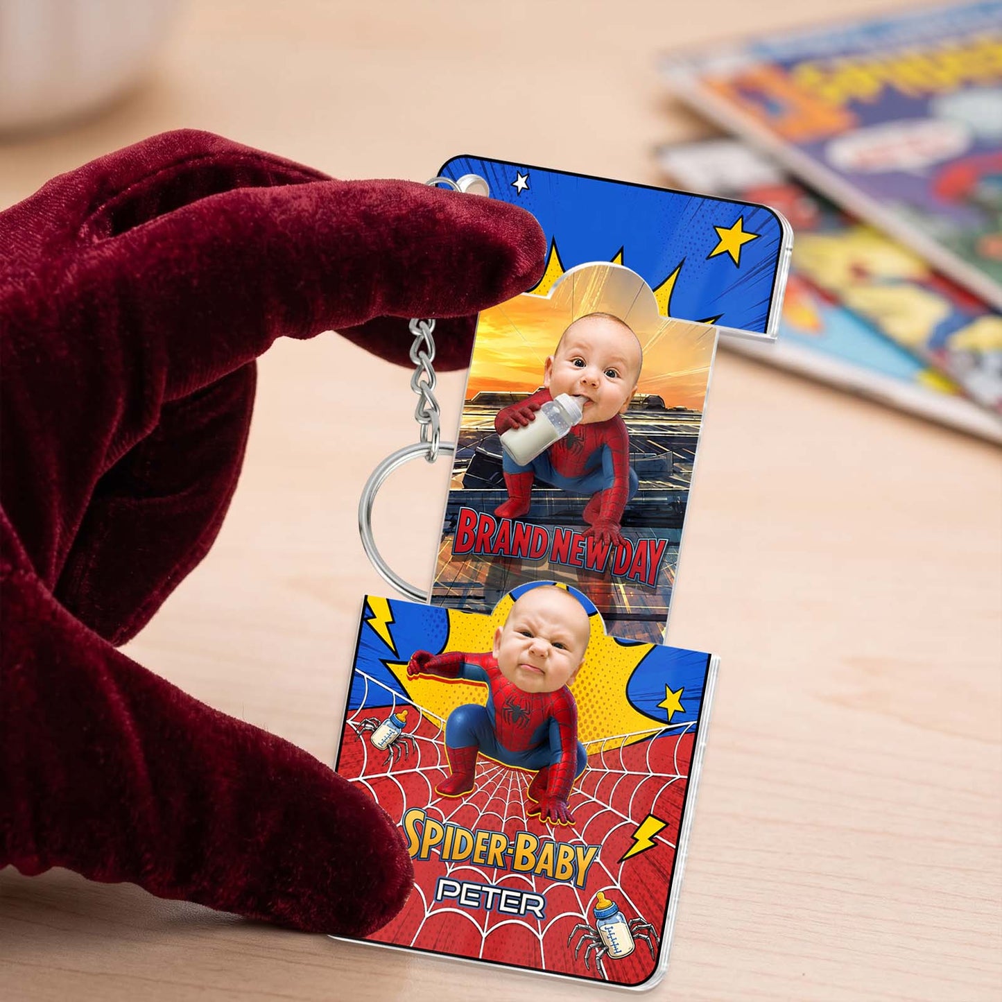 Personalized Spider-Baby Hidden Photo Keychain – Custom Baby Superhero Keepsake Gift
