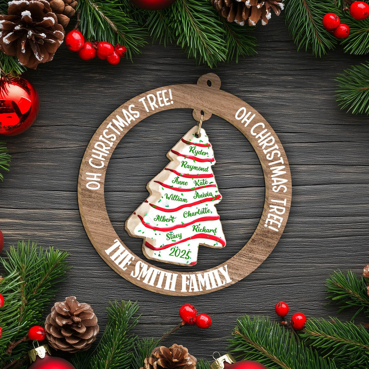 Personalized family Christmas ornament featuring a tree design with family names and holiday year