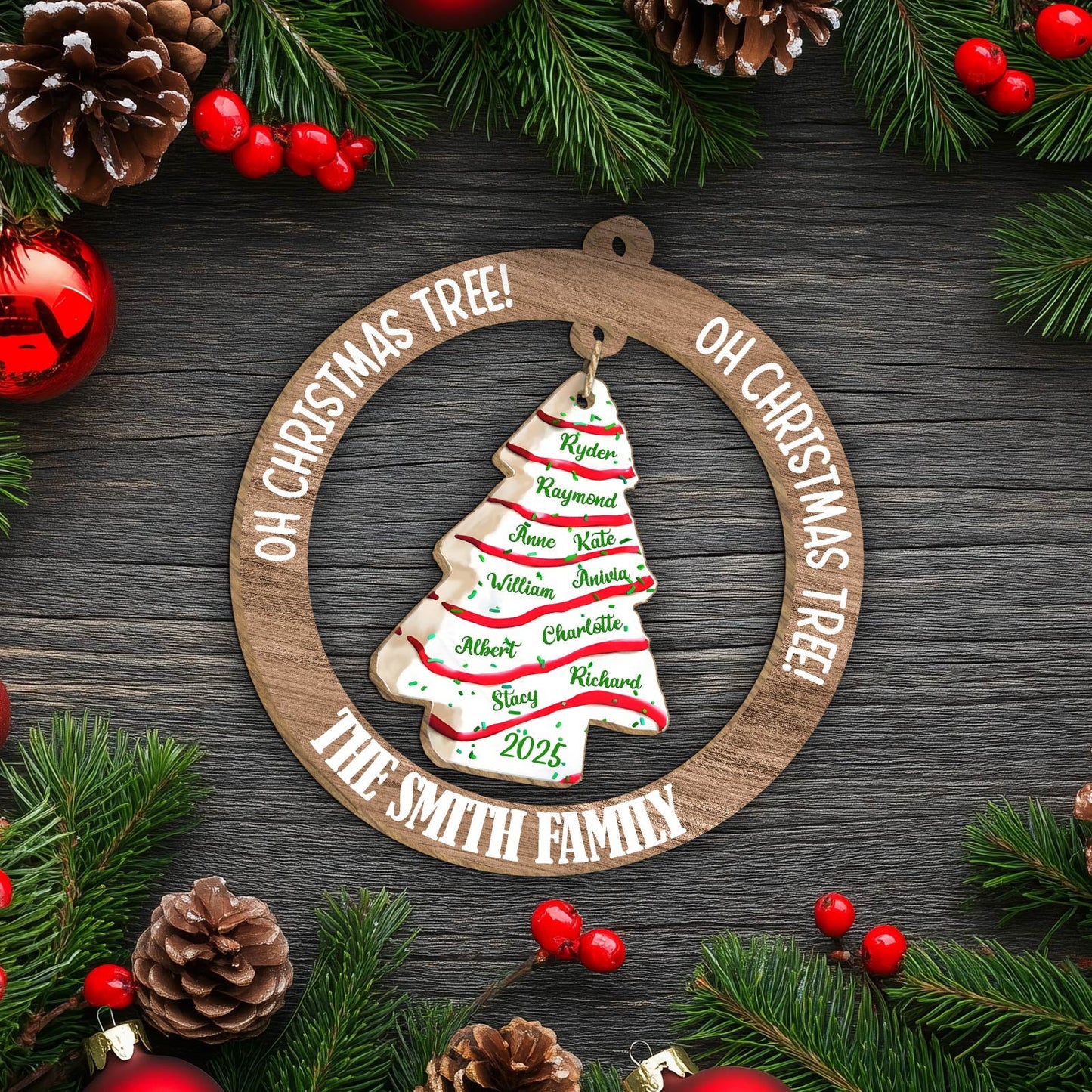 Personalized family Christmas ornament featuring a tree design with family names and holiday year