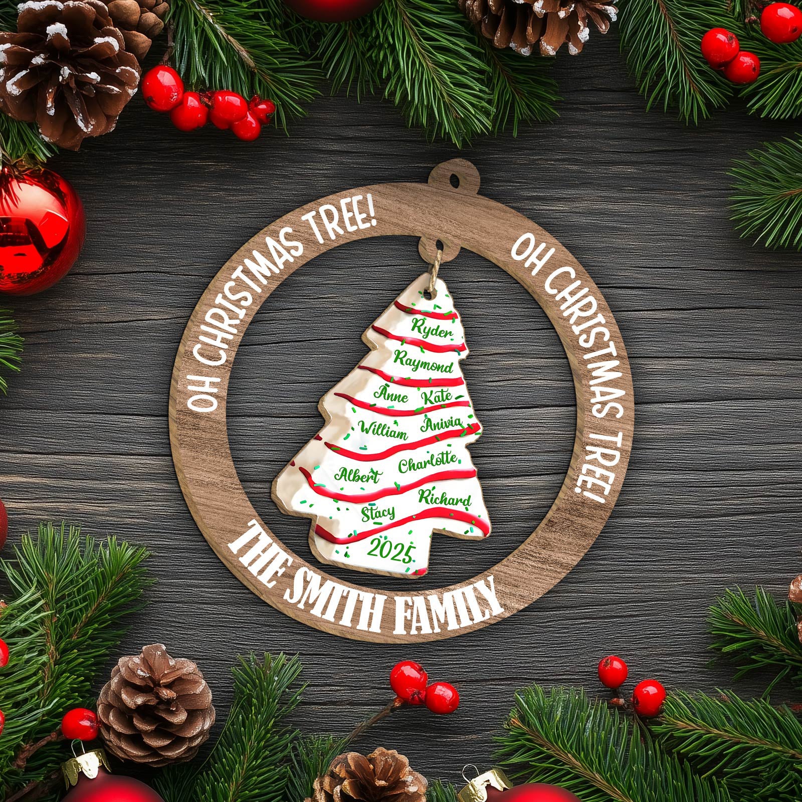 Personalized family Christmas ornament featuring a tree design with family names and holiday year