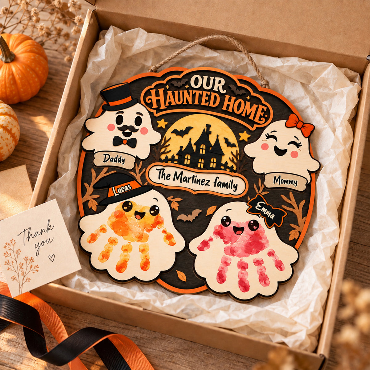 Personalized Halloween Family Handprint Wooden Wreath – Custom Family Names & Handprints, Halloween Door Decor