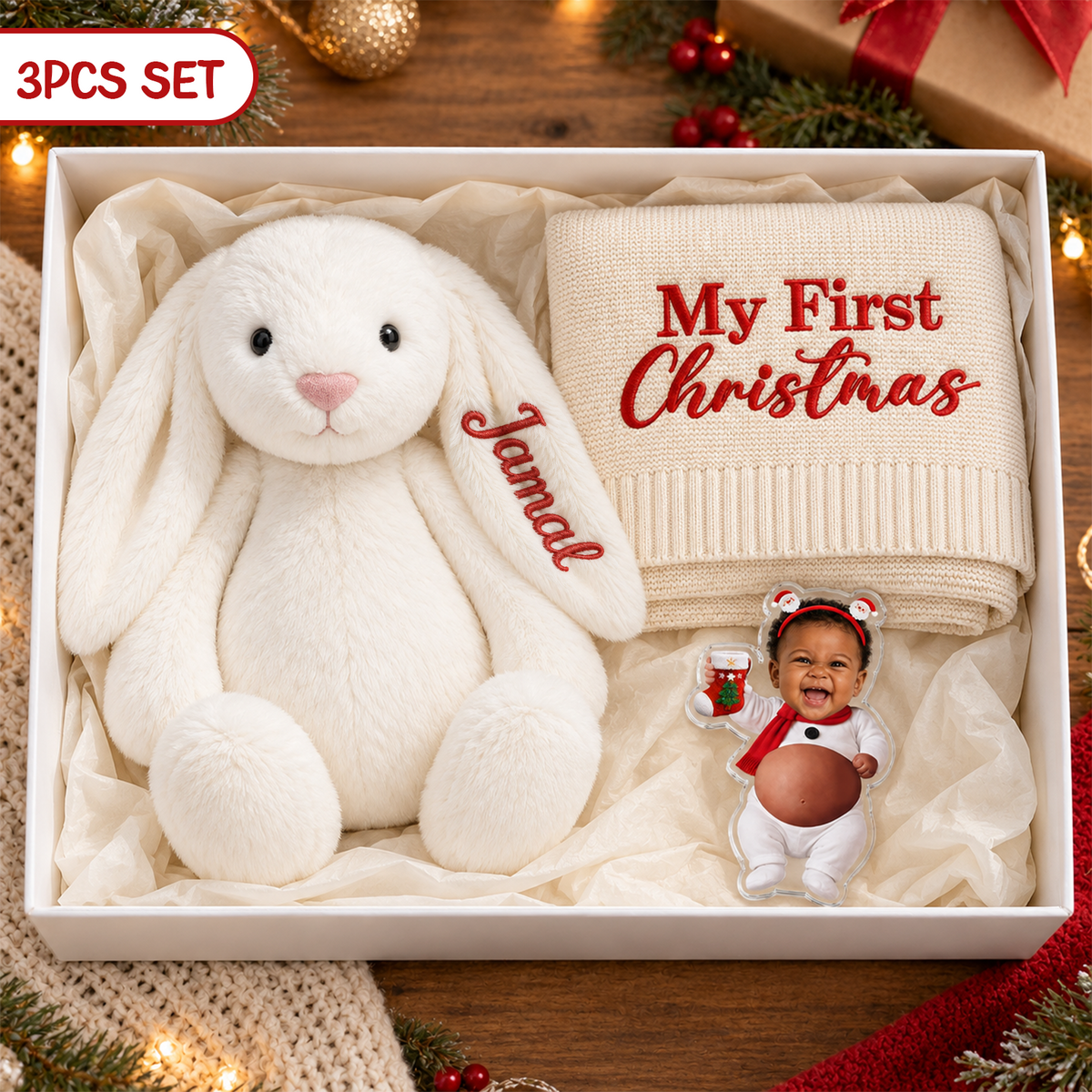 Coffret cadeau personnalisé pour le premier Noël de bébé, body de Noël personnalisé, couverture lapin et souvenir