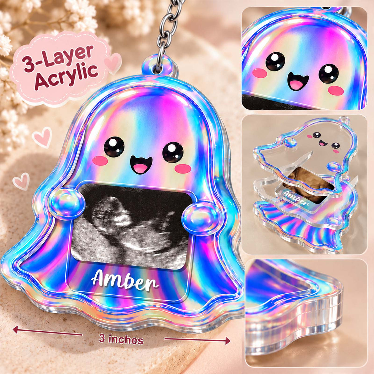 Cute Holographic Ghost Sonogram Shaker Keychain - Custom Baby Ultrasound Announcement Keepsake