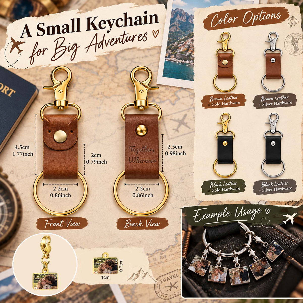 Personalized Travel Souvenir Keychain, Custom Photo Memory Keychain with Leather Strap
